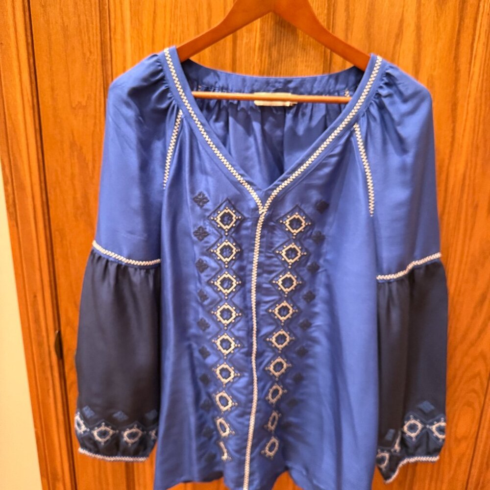 Tory Burch Katya Silk Embroidered Tunic Peasant Blouse Size 14 - Picture 4 of 8